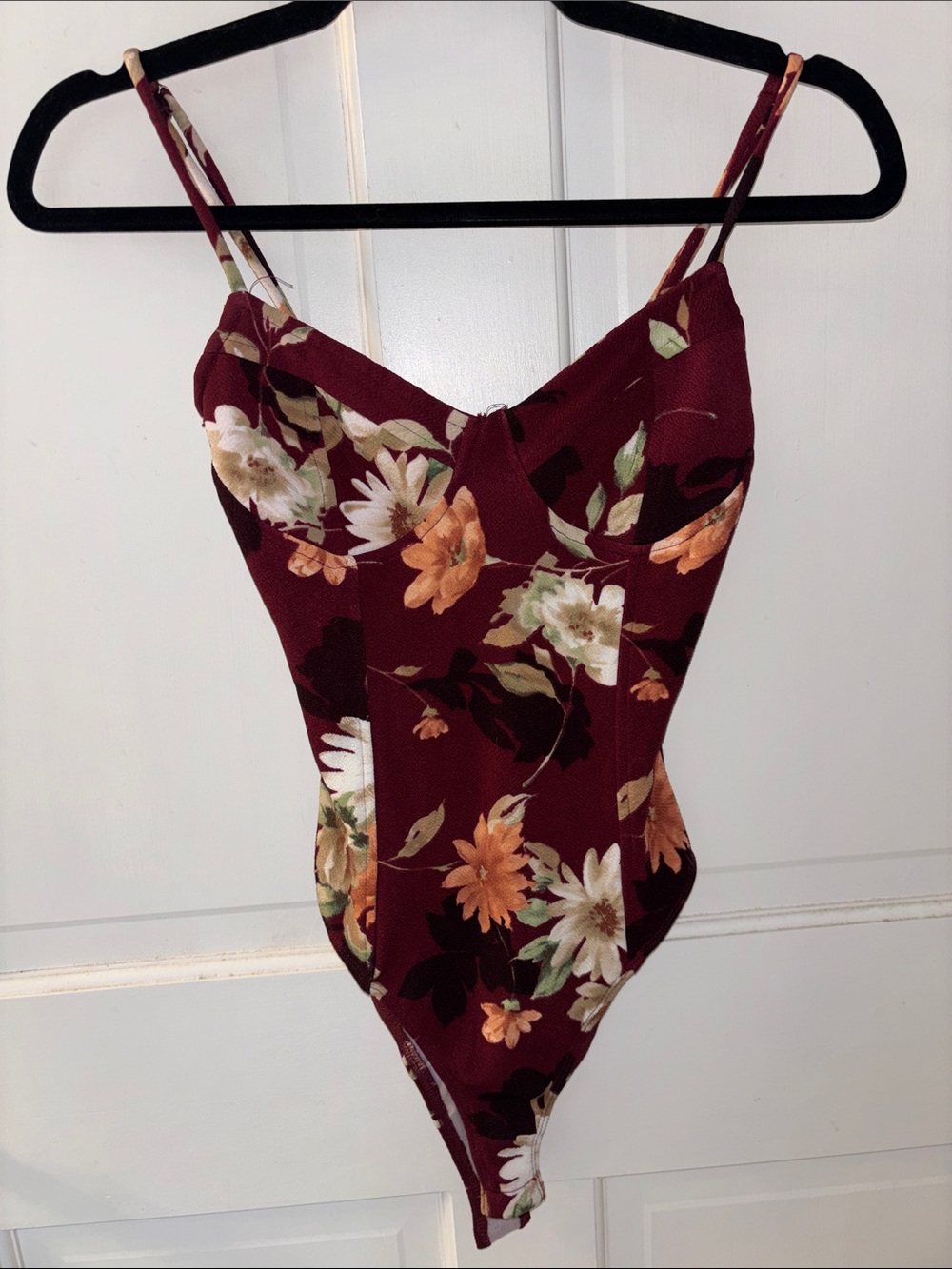 Forever 21 Burgundy Floral Strappy Bodysuit
